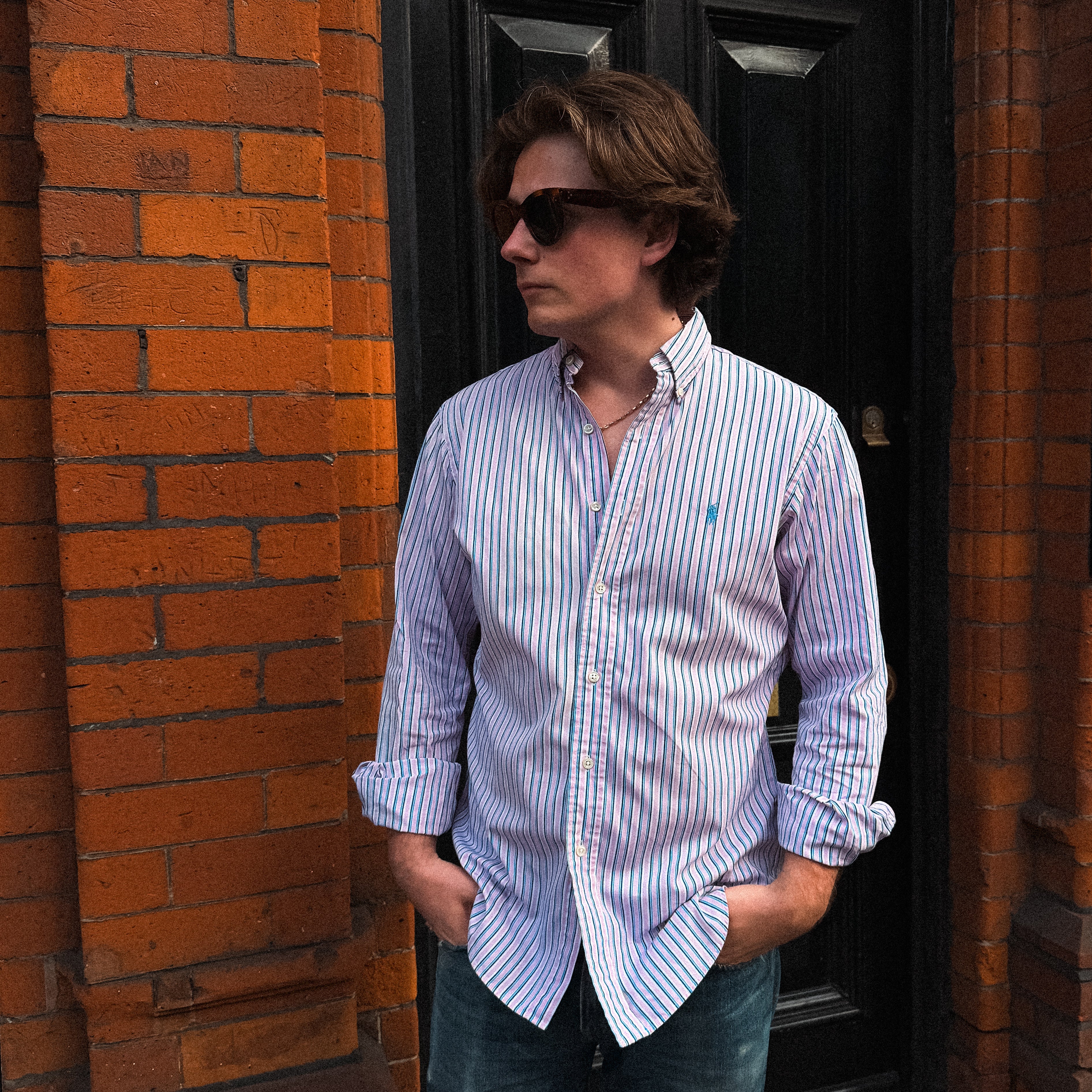 ralph lauren pink, white and blue stripey shirt