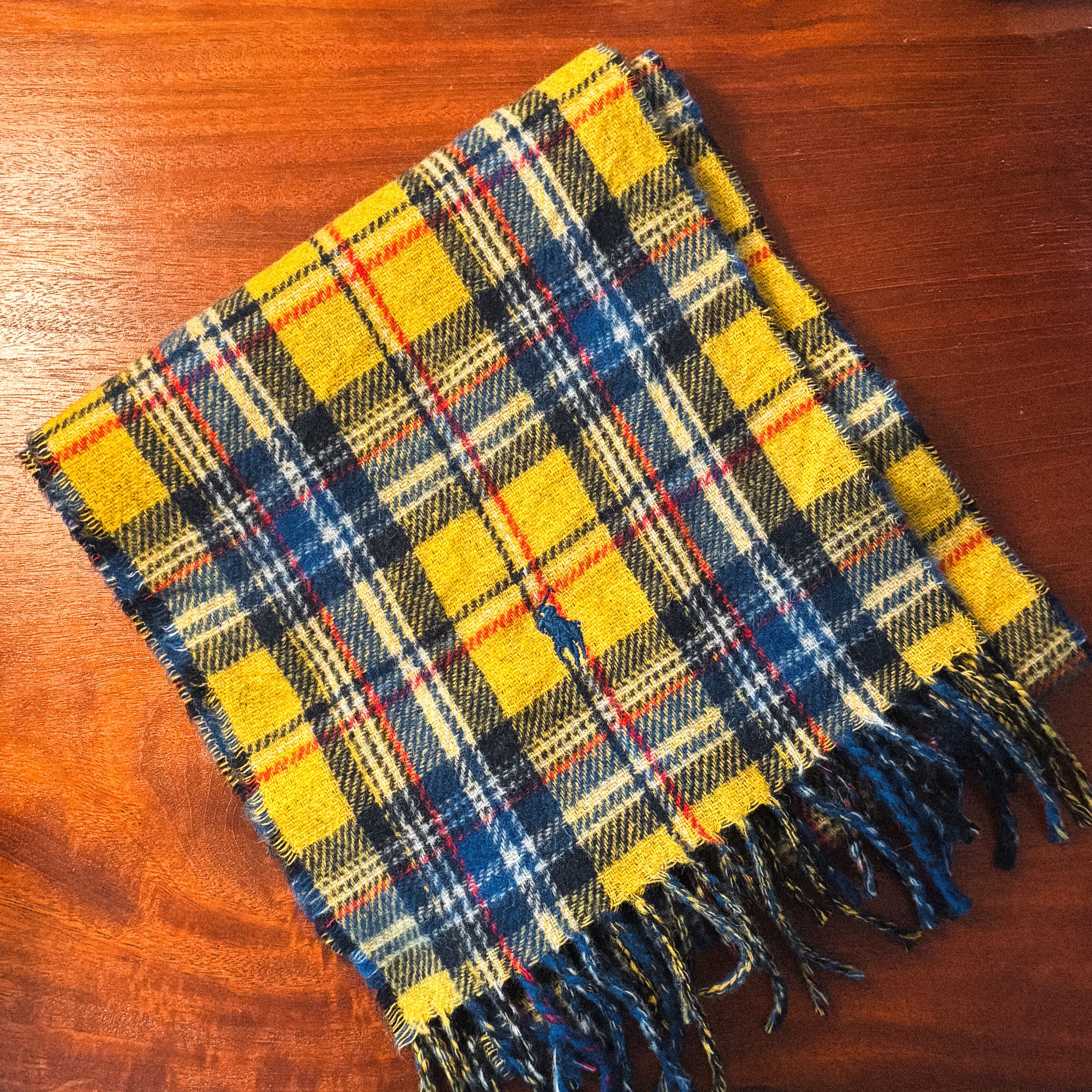 ralph lauren blue checkered and yellow tartan scarf