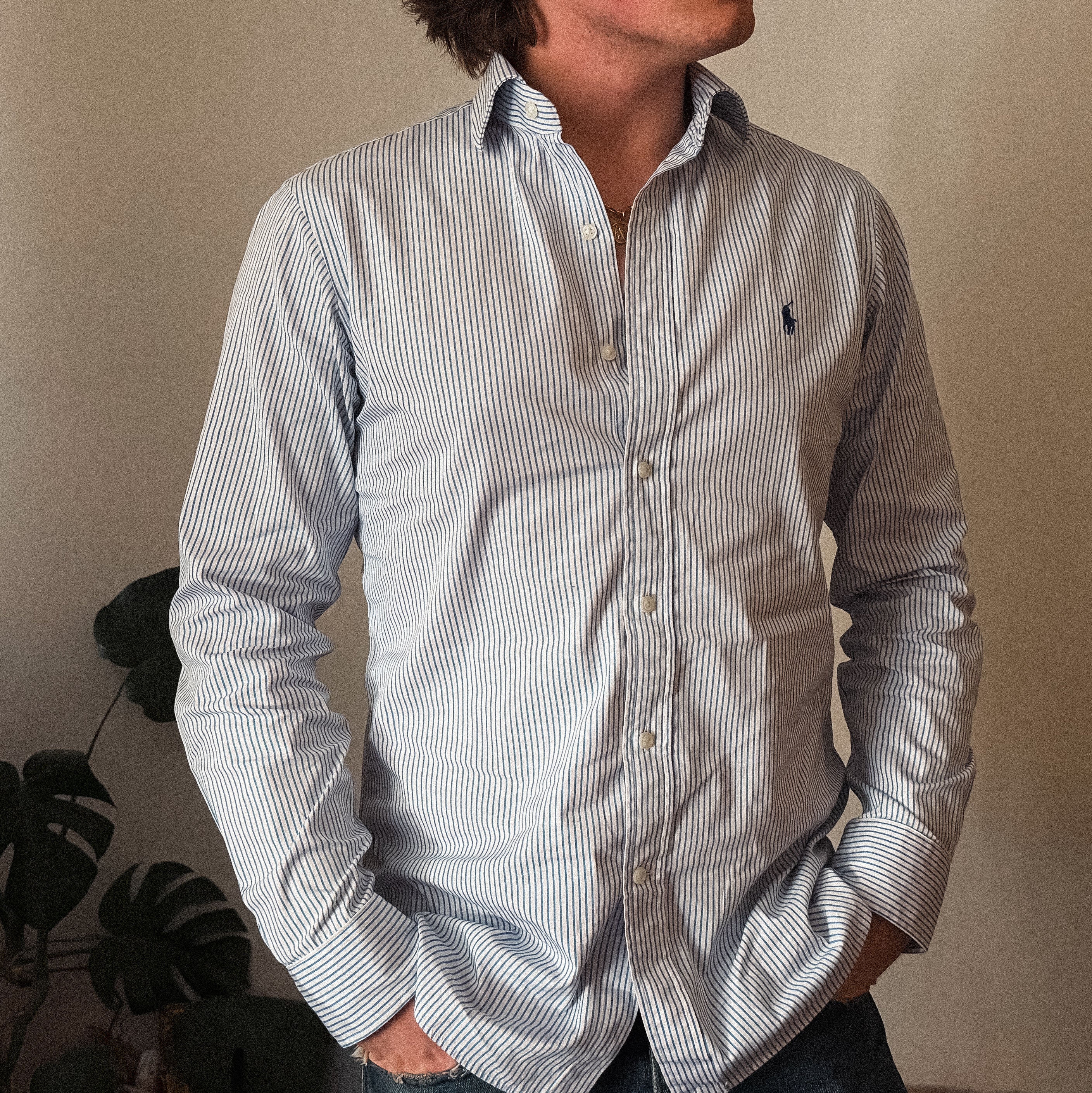 ralph lauren white and blue stripey shirt