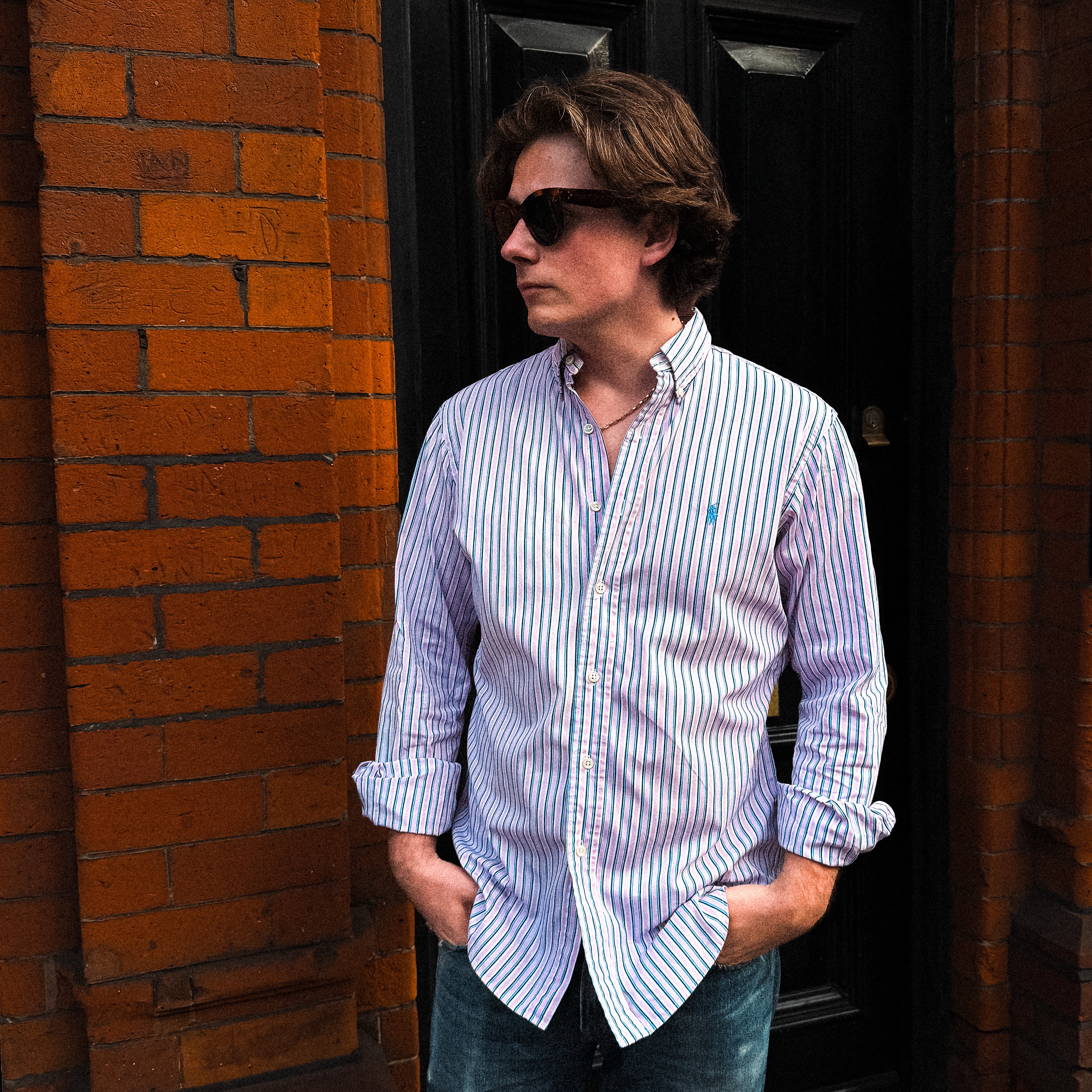 ralph lauren pink, white and blue stripey oxford shirt