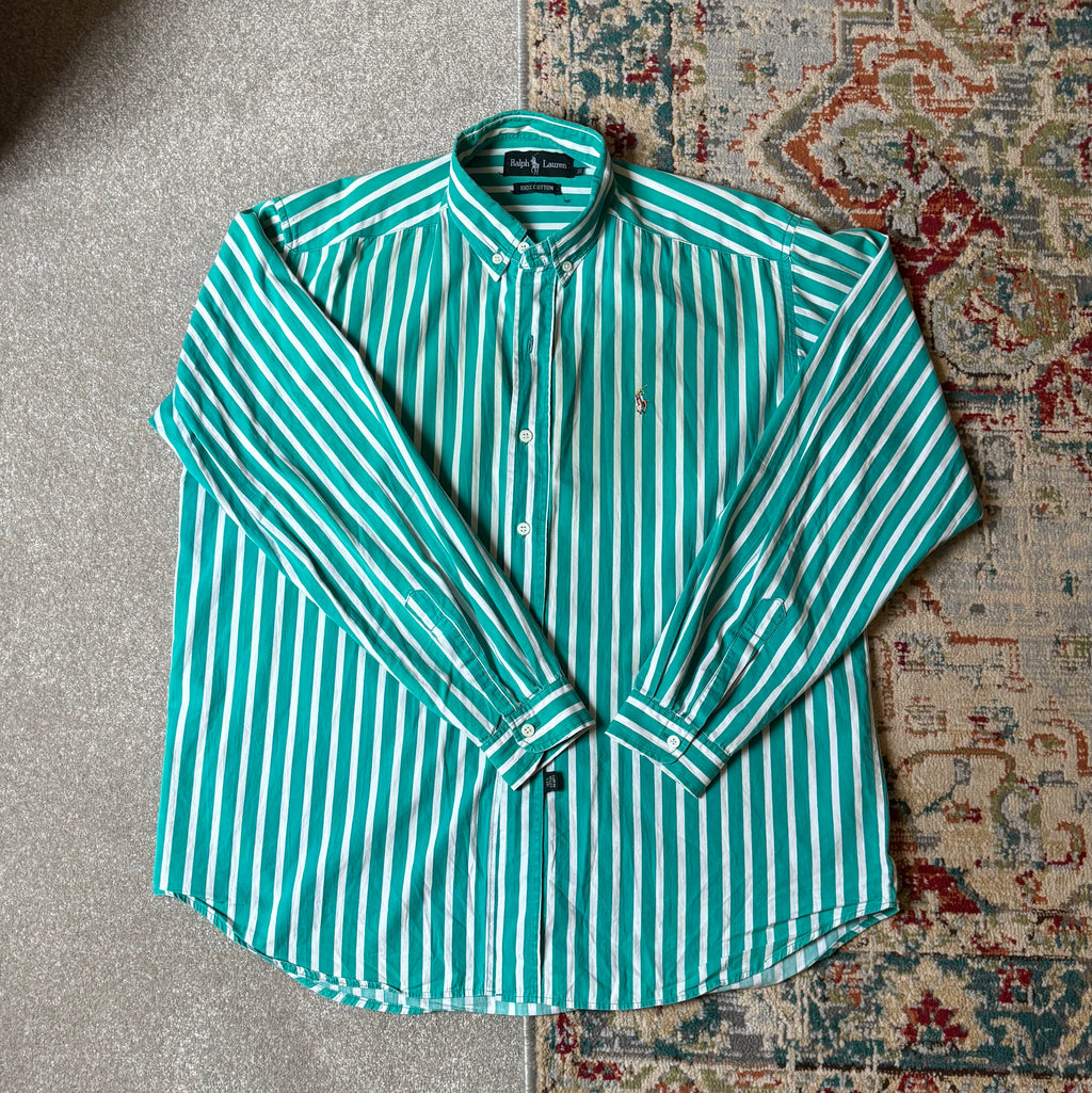 ralph lauren green and white striped oxford shirt