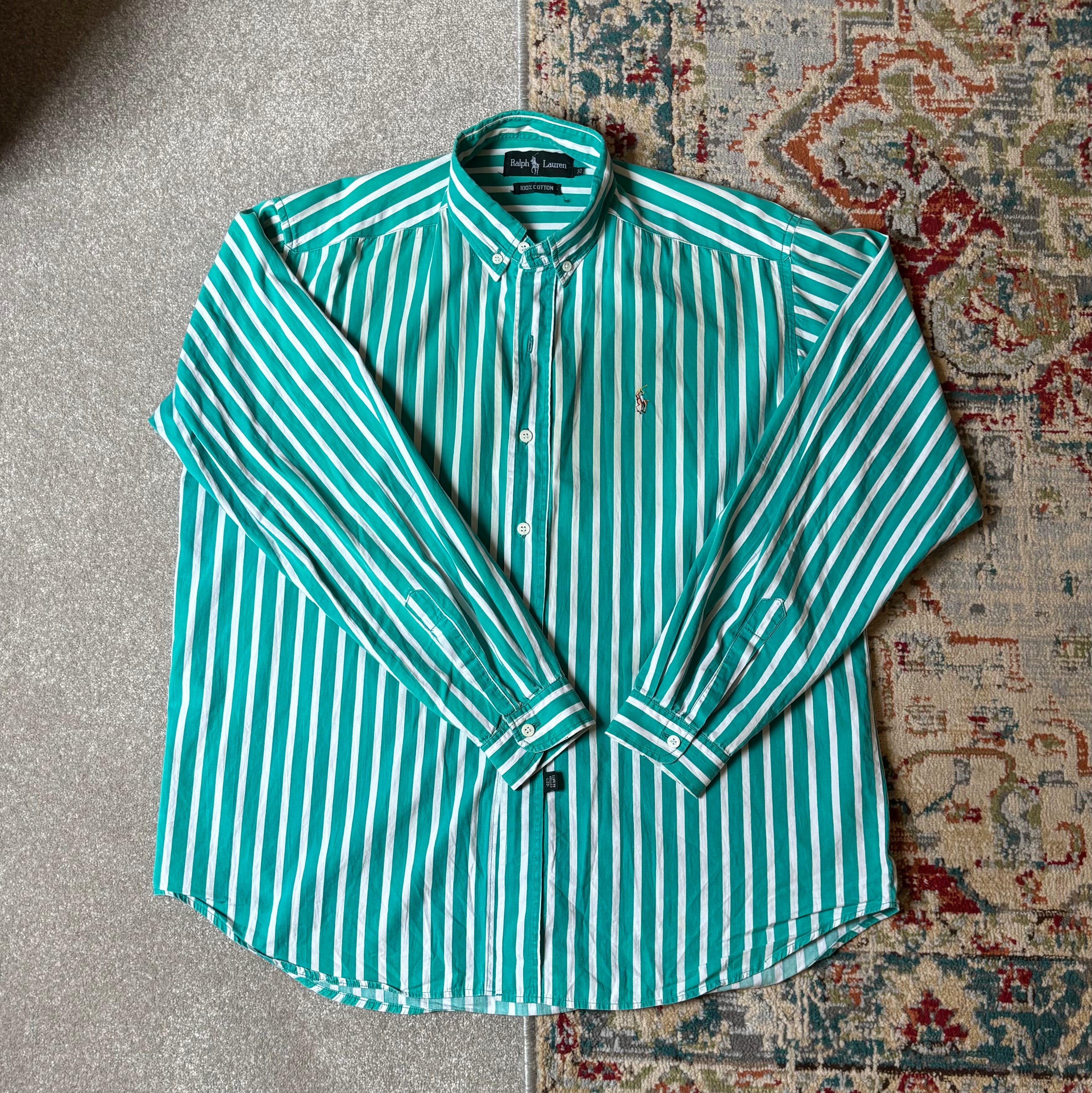 ralph lauren green and white striped oxford shirt