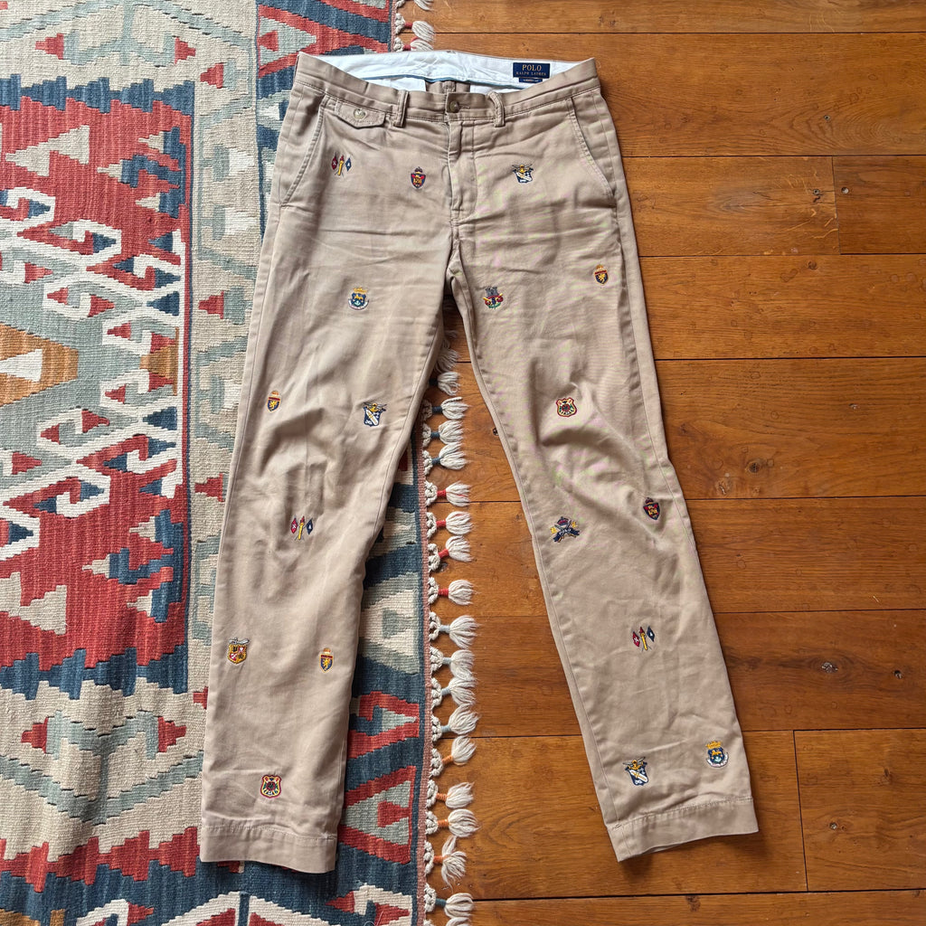ralph lauren beige shield embroidered trousers